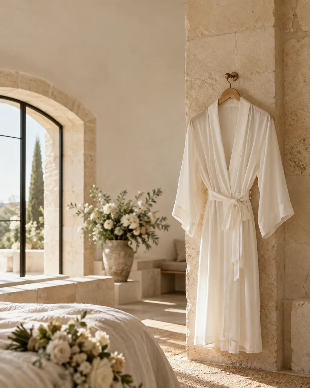 A white robe hanging in a bright stone room