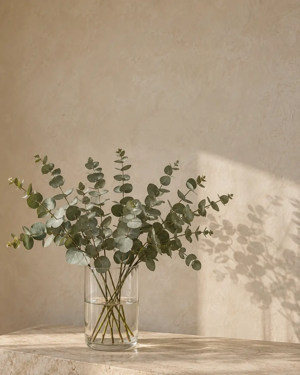 Eucalyptus in a glass vase on a plaster ledge
