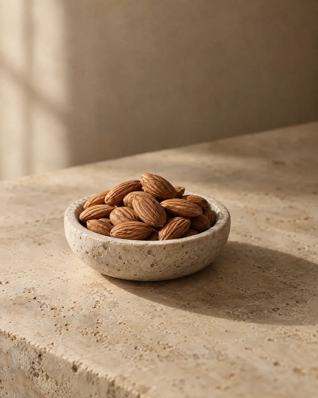 Almonds, photographed on stone.