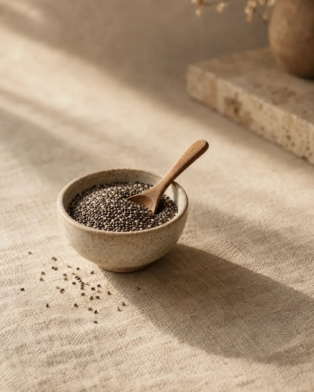 Chia seeds, photographed on stone.