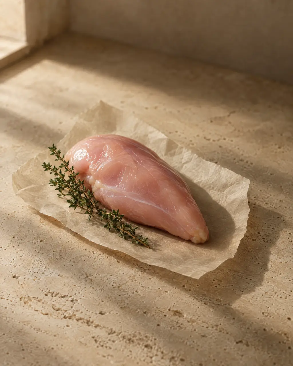 Chicken, photographed on stone.