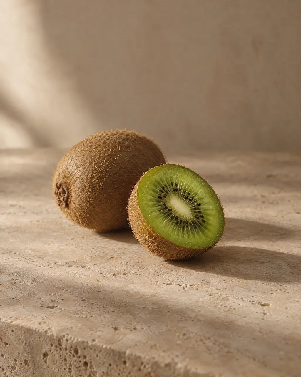 Kiwifruit, photographed on stone.