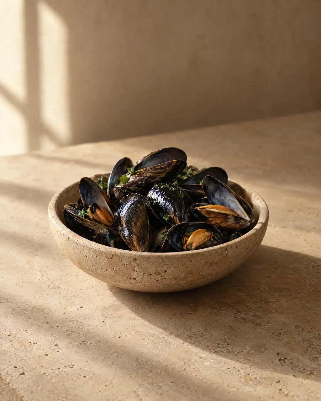 Mussels, photographed on stone.