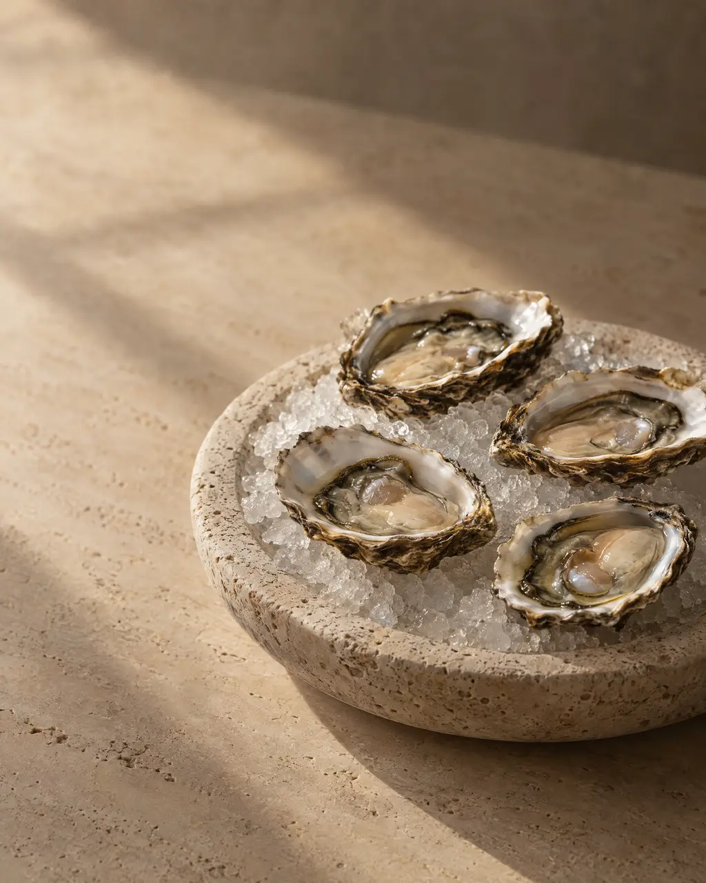 Oysters, photographed on stone.