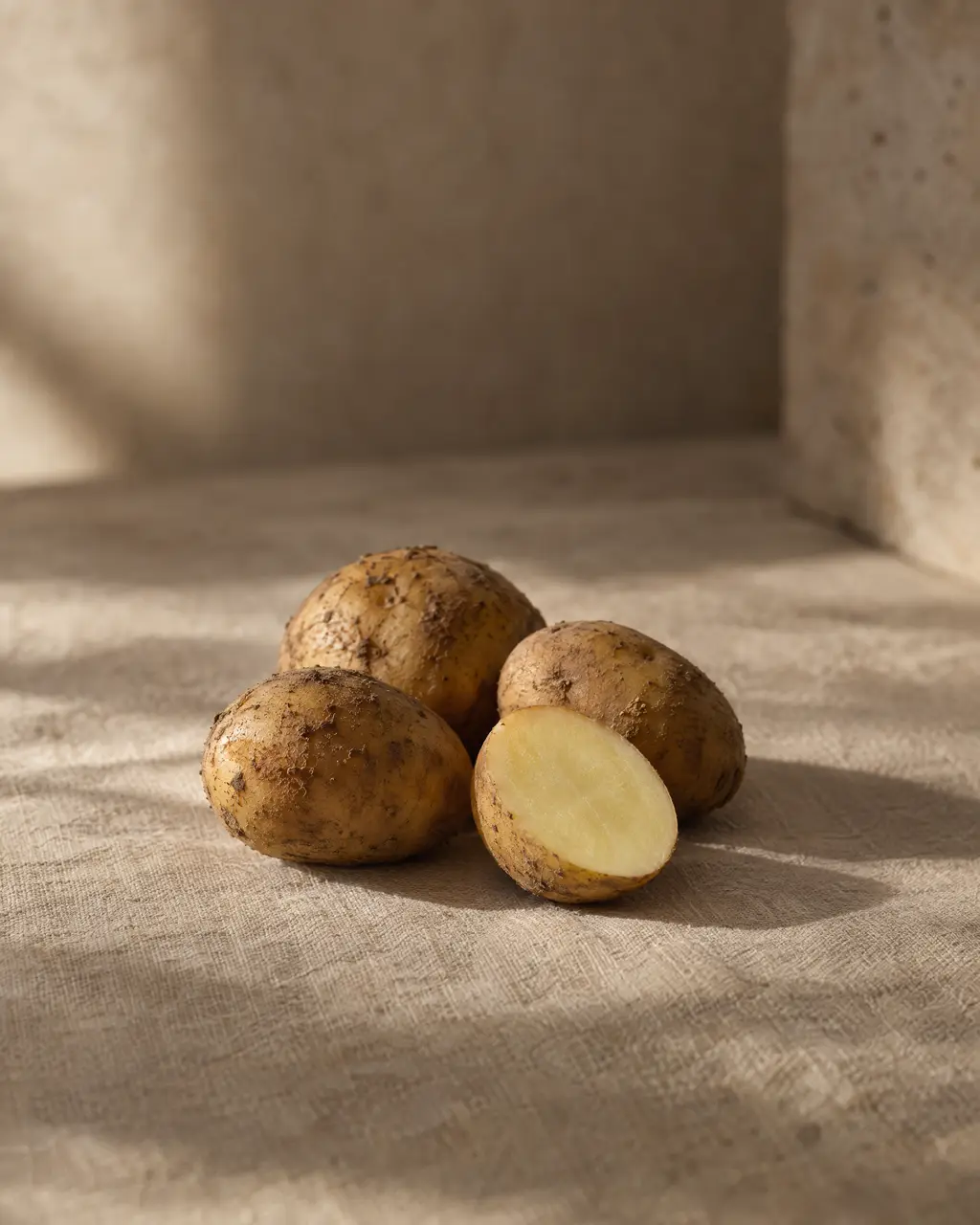 Potatoes, photographed on stone.