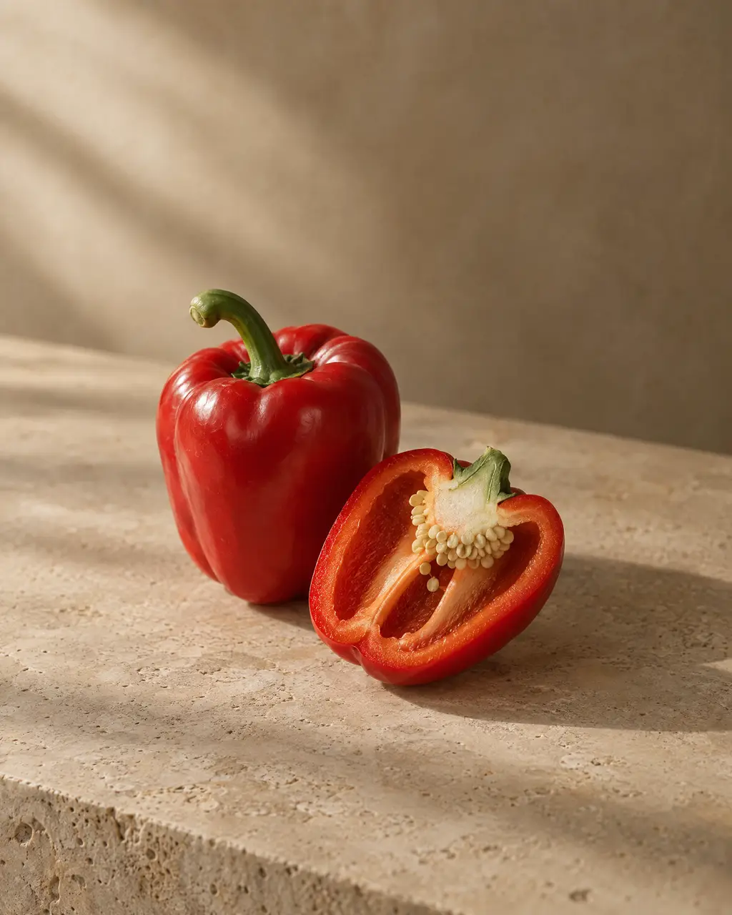 Red bell pepper, photographed on stone.