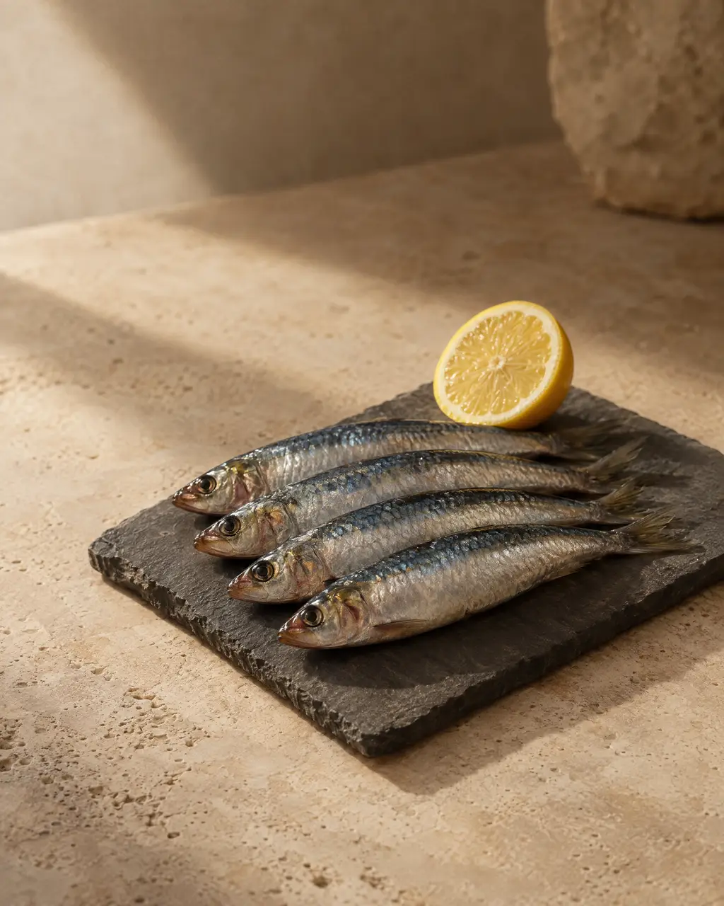 Sardines, photographed on stone.