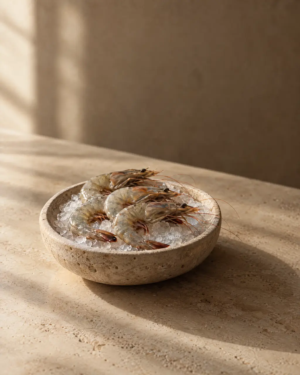 Shrimp, photographed on stone.