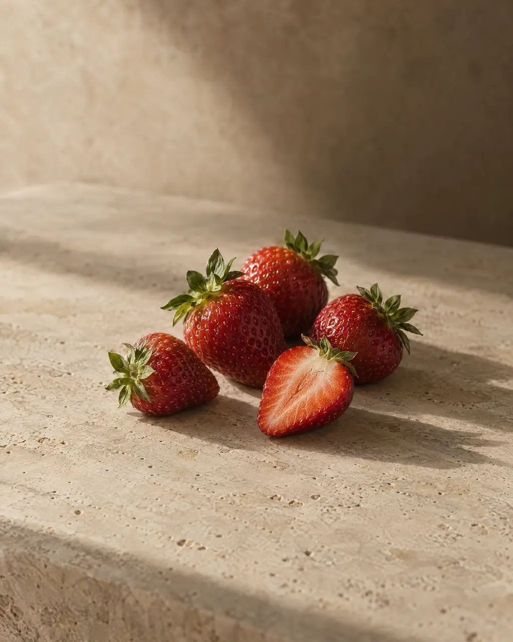 Strawberries, photographed on stone.