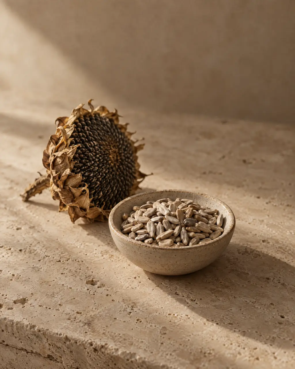 Sunflower seeds, photographed on stone.
