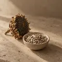 Sunflower seeds, photographed on stone.