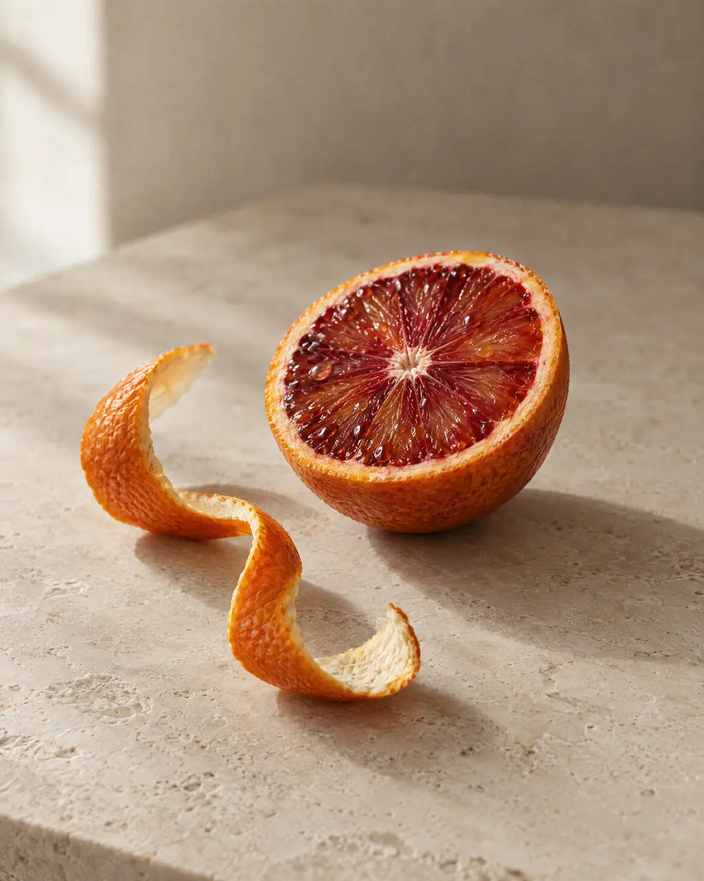 A halved blood orange and a curl of peel on travertine