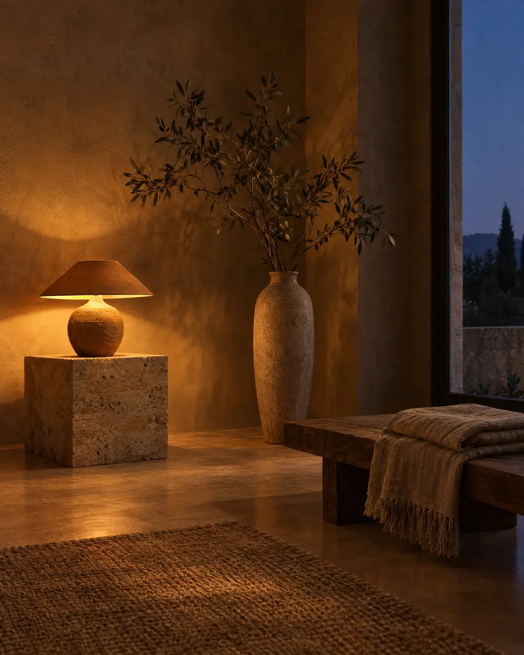 An evening room lit by a single lamp on a stone plinth