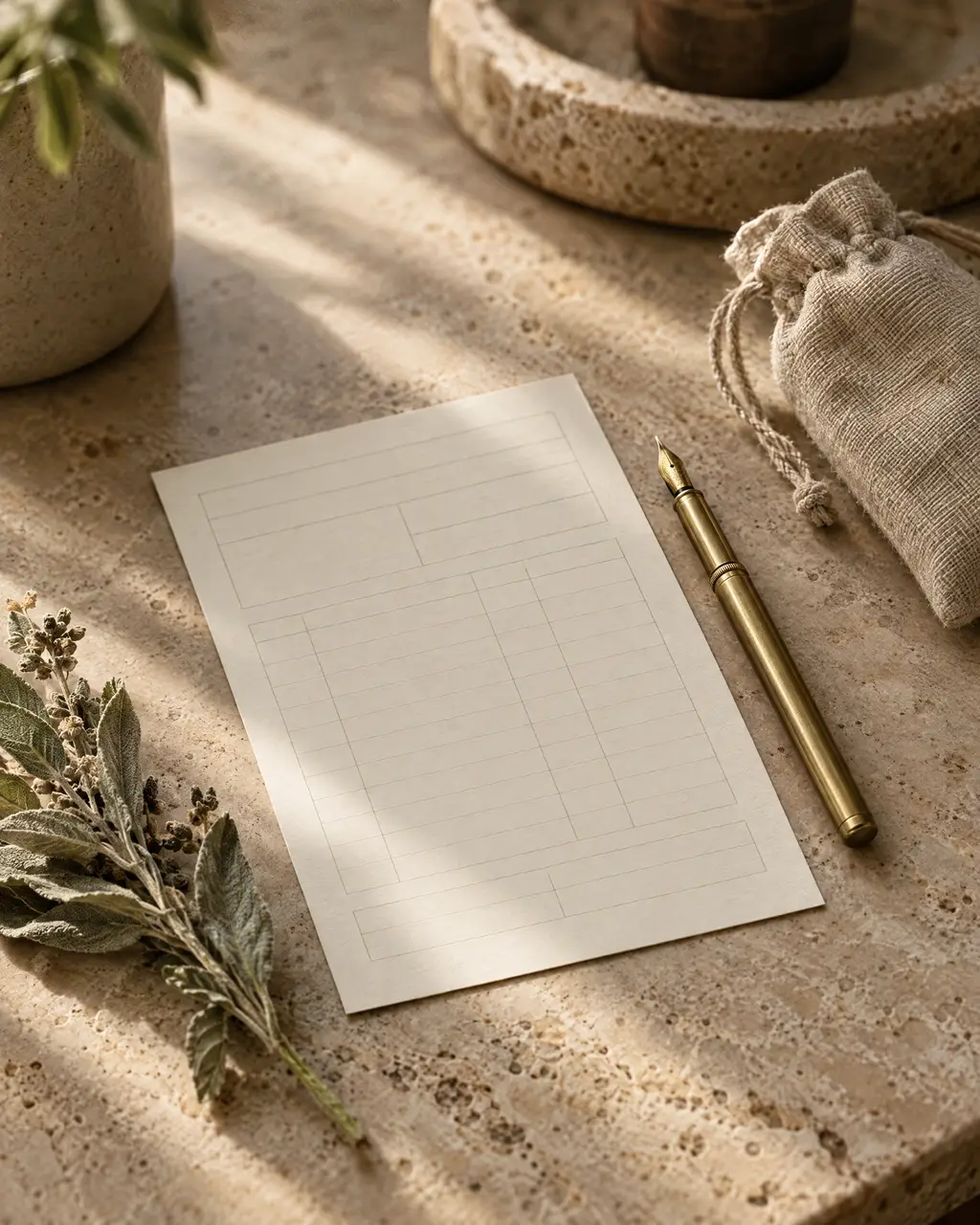 A blank lab card and a brass pen on travertine beside sage