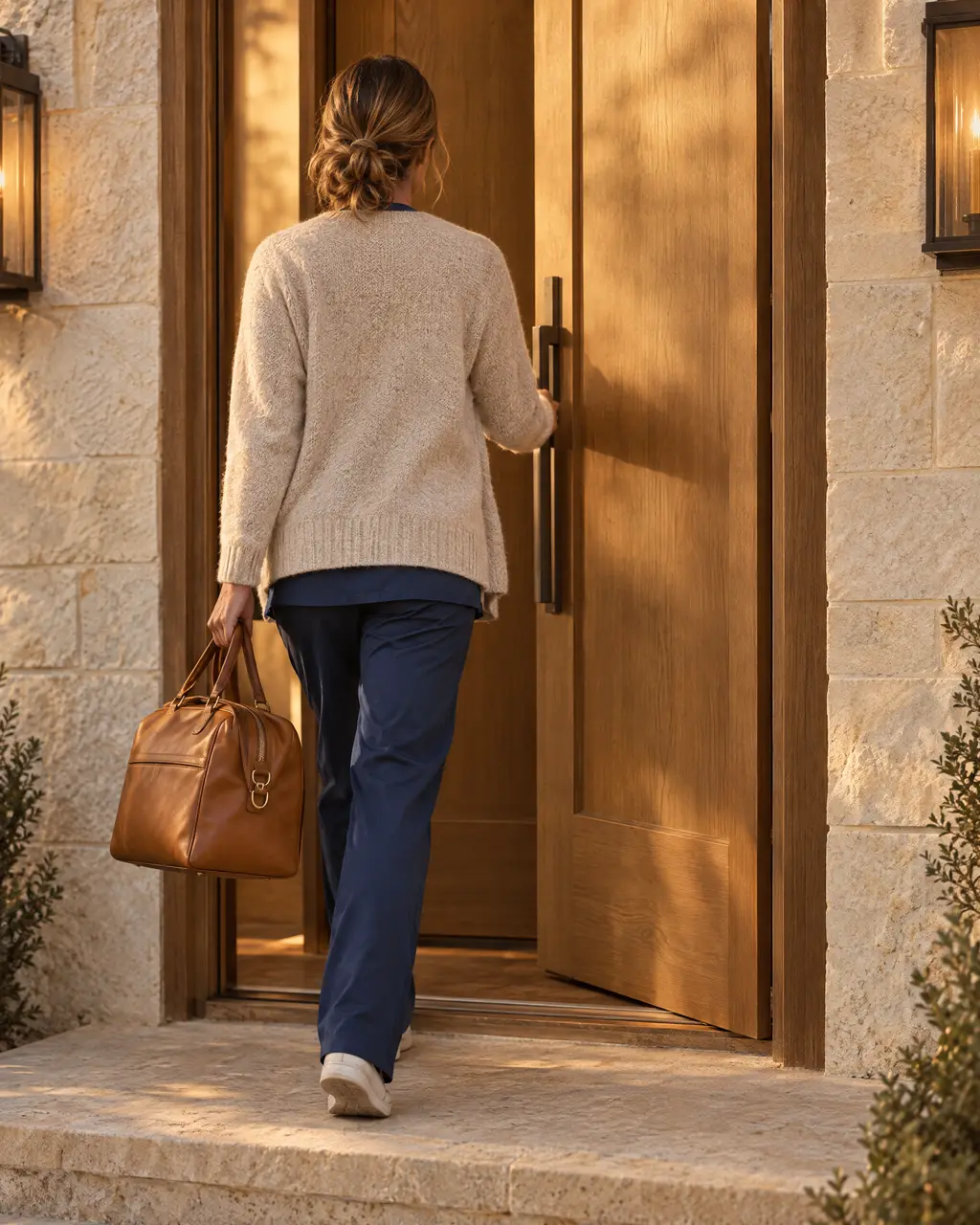 An illustrative nurse arriving at a front door with a leather bag