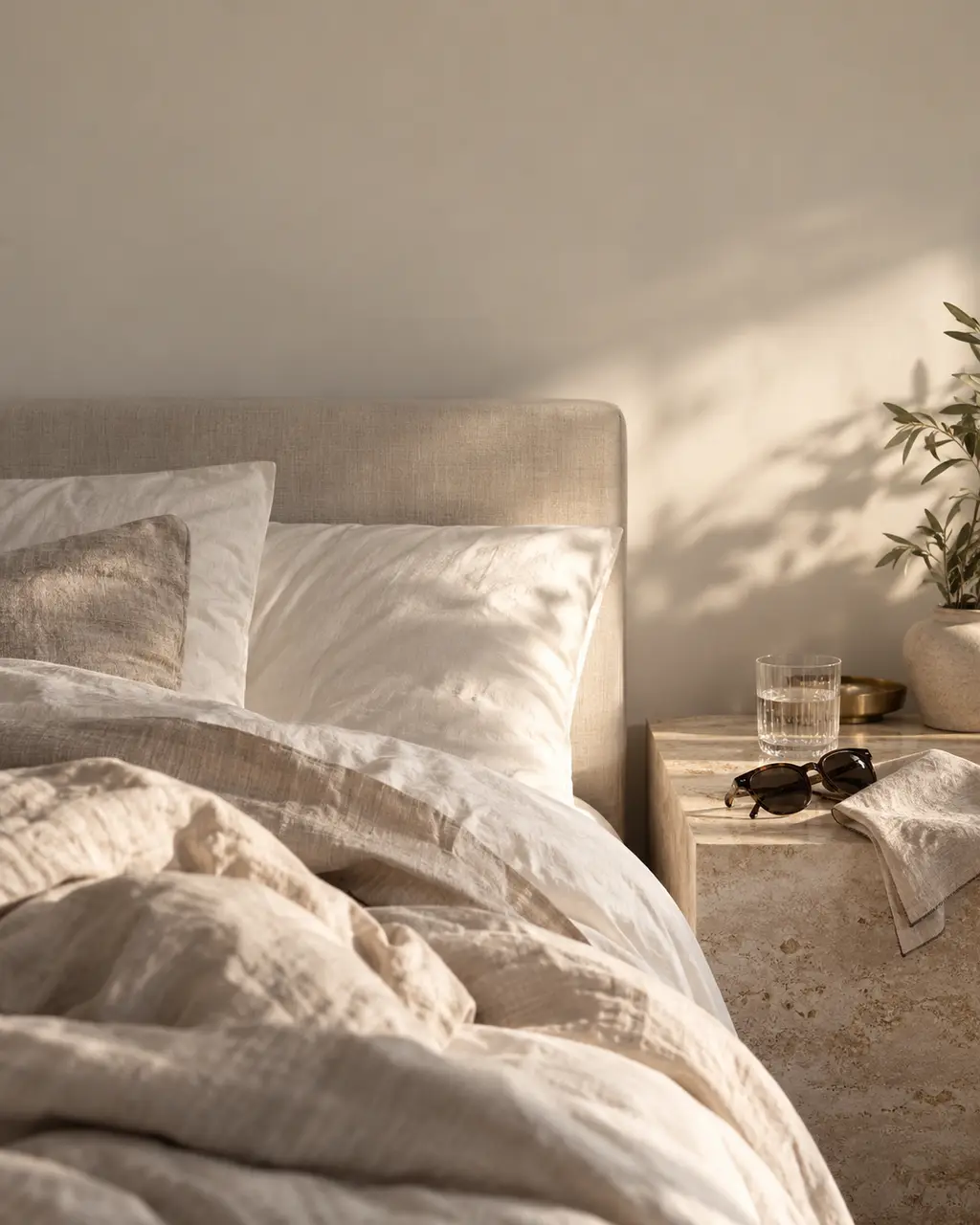An unmade linen bed in morning light
