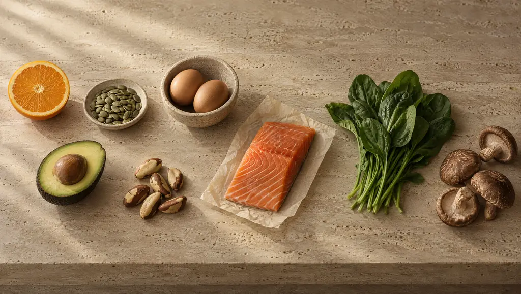 Whole foods arranged on travertine in window light