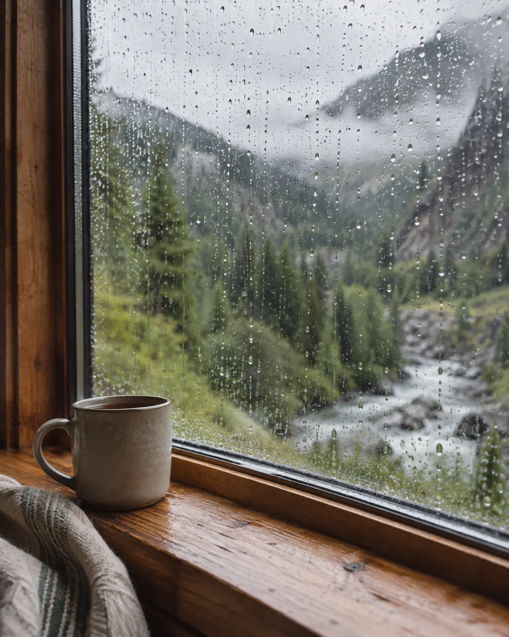 A mug beside a rain-streaked window