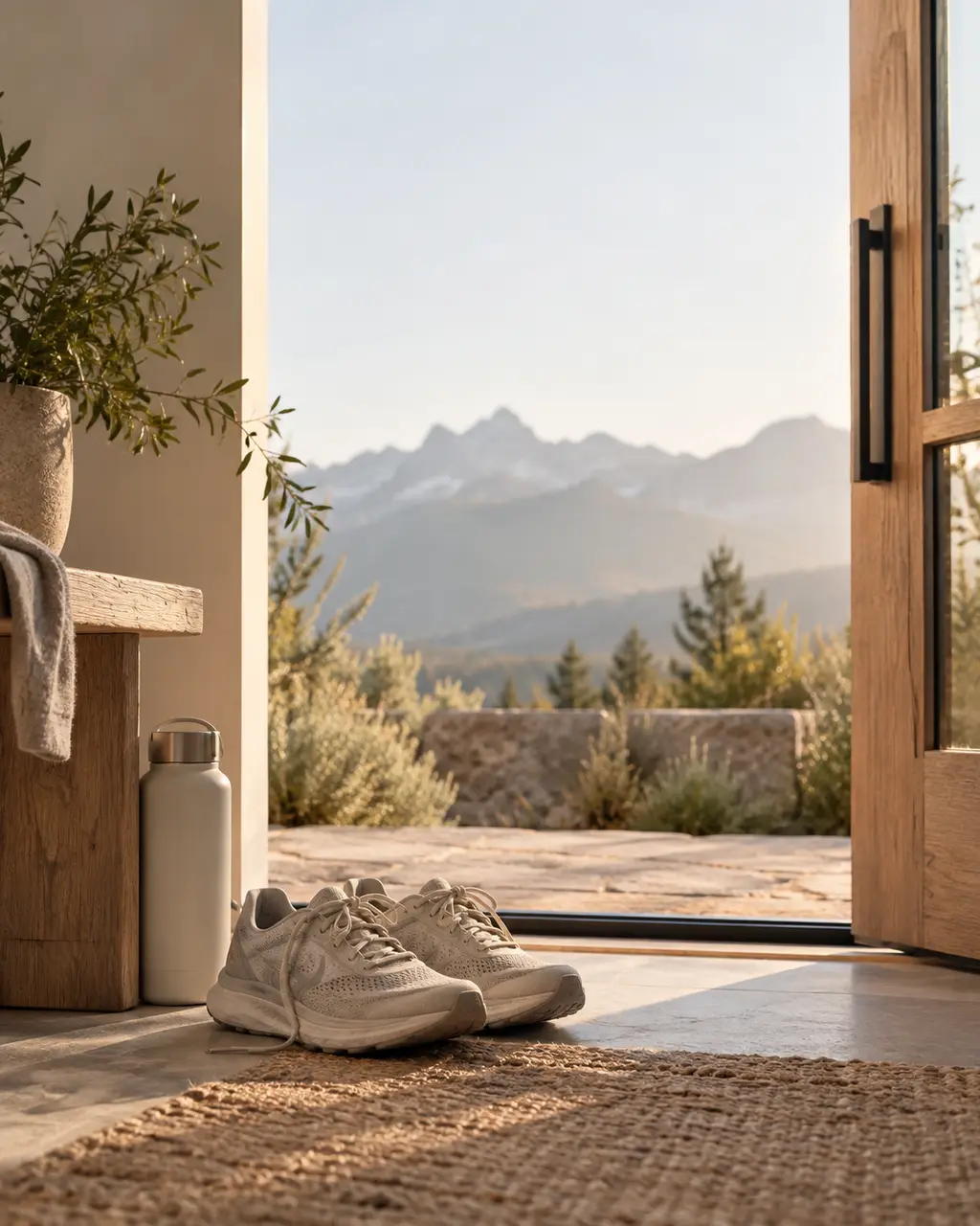 Running shoes by an open door to the mountains