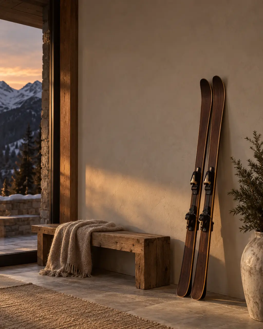 Skis against a plaster wall at dusk