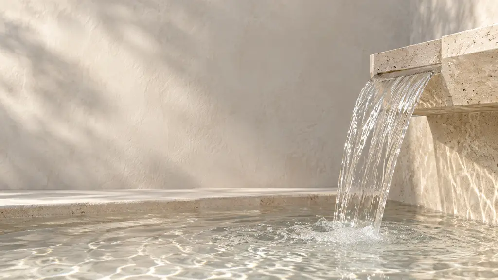 Water flowing from a travertine spout into a limestone pool