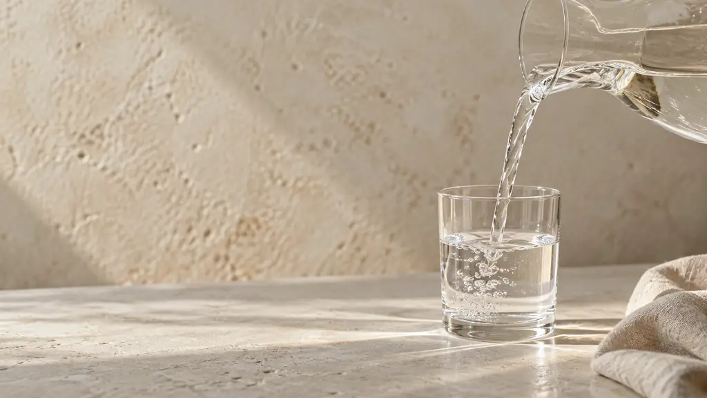 Water being poured from a glass carafe into a tumbler on travertine