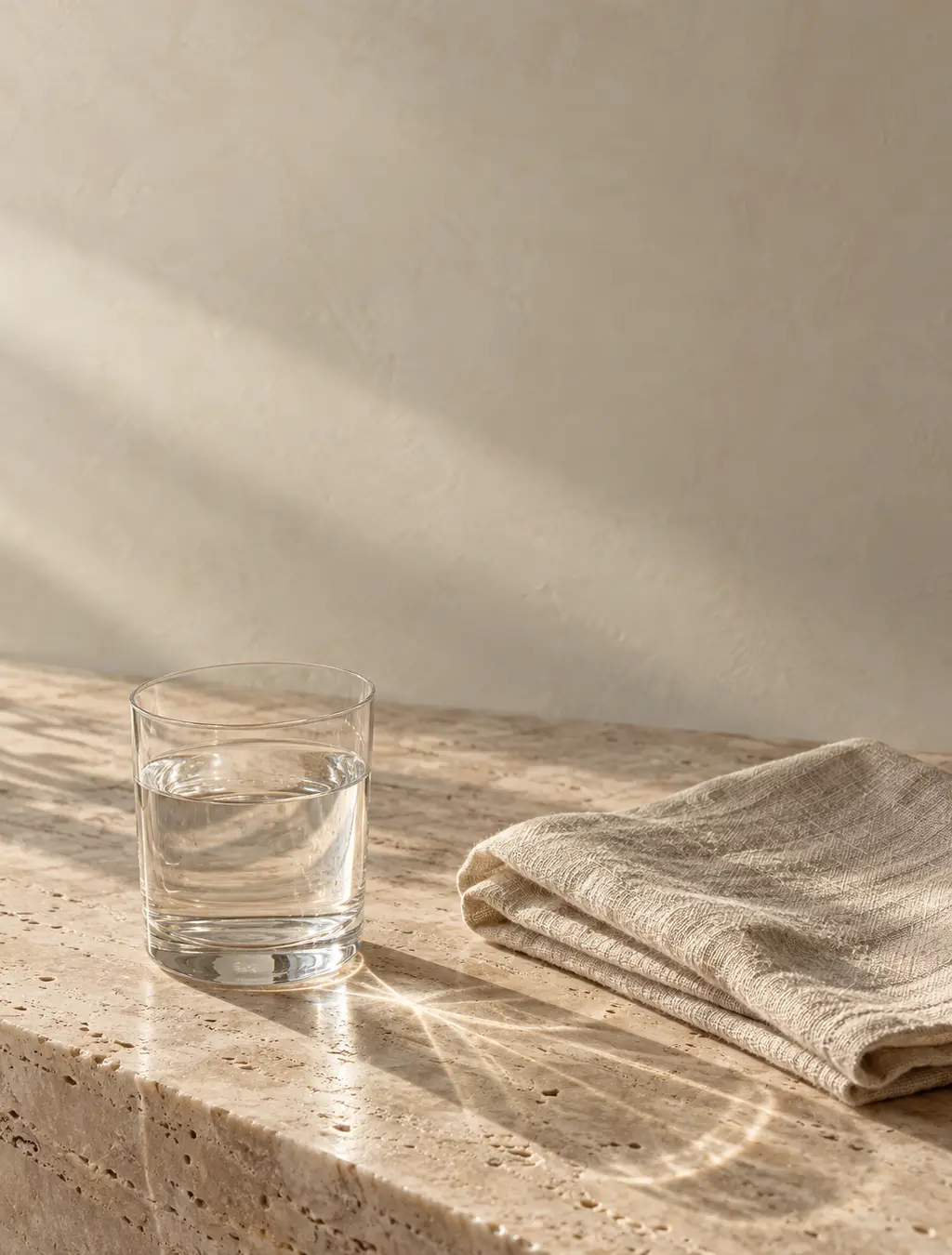 A glass of water and folded linen on travertine