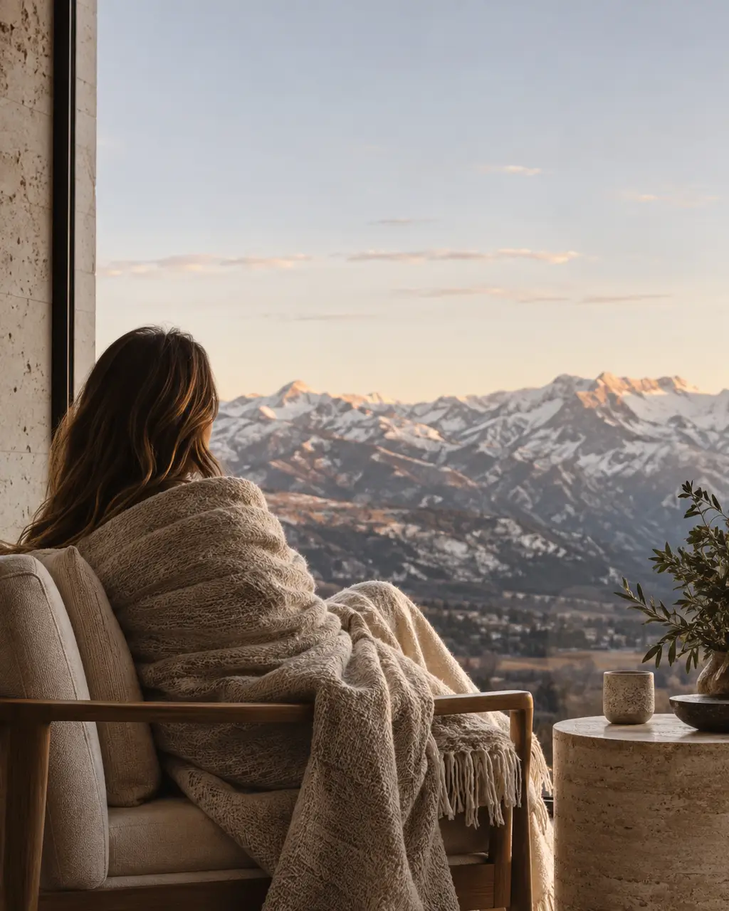A woman wrapped in a blanket by a window over snowy mountains