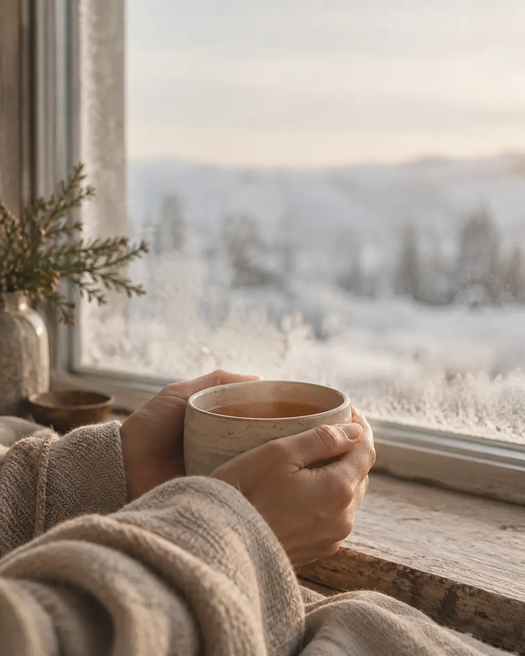Hands holding a mug by a frosted window