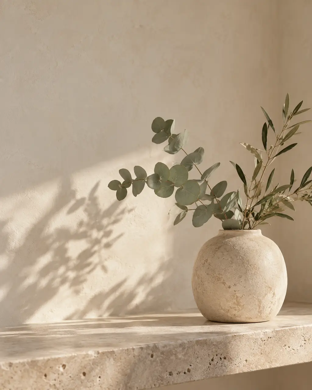 Olive and eucalyptus branches in a stone vessel