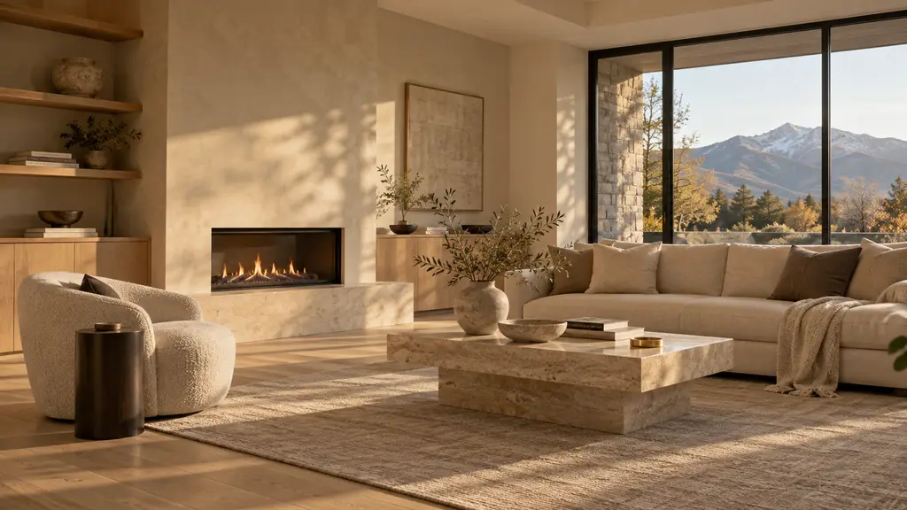 A calm living room in pale oak and linen at late light