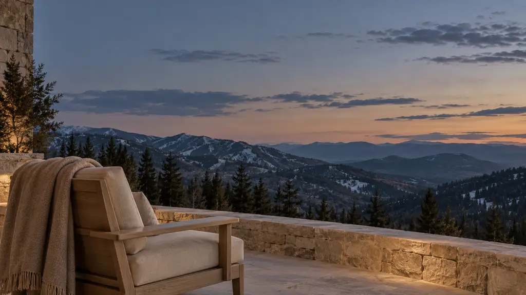 A mountain ridgeline at blue hour from a stone terrace